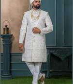 Cream silk embroidered sherwani for mens