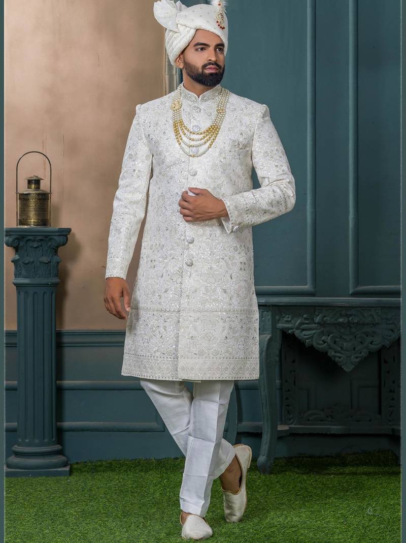 Cream silk embroidered sherwani for mens