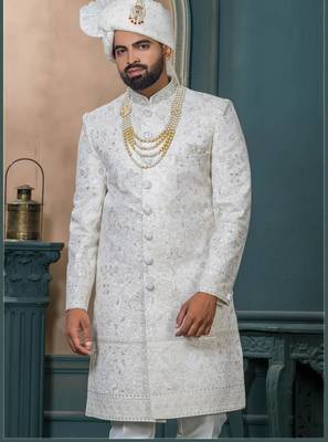 Cream silk embroidered sherwani for mens 2