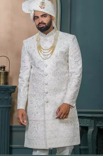 Cream silk embroidered sherwani for mens