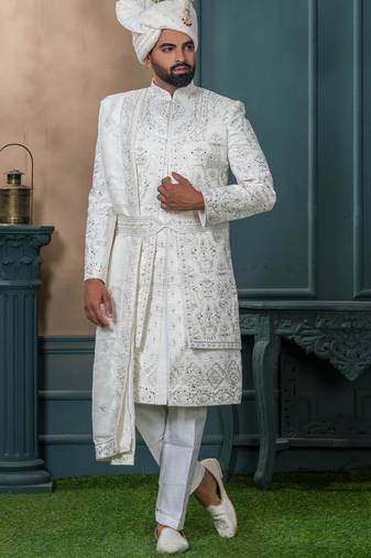 Off white silk embroidered sherwani for mens