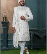 Off white silk embroidered sherwani for mens