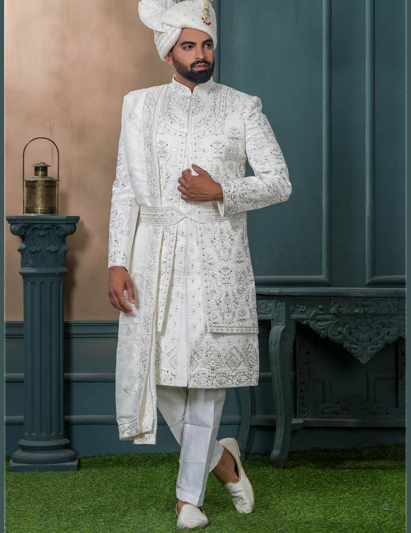 Off white silk embroidered sherwani for mens