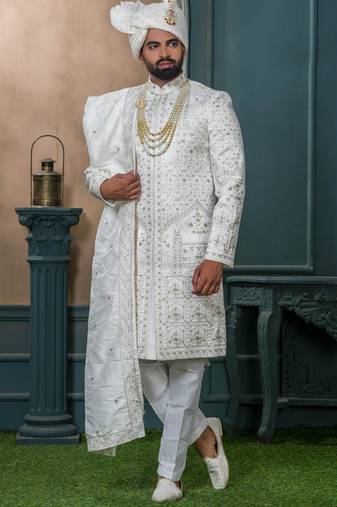 Off white silk embroidered sherwani for mens