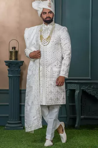 Off white silk embroidered sherwani for mens