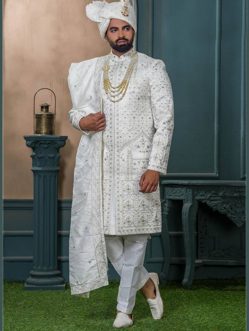 Off white silk embroidered sherwani for mens