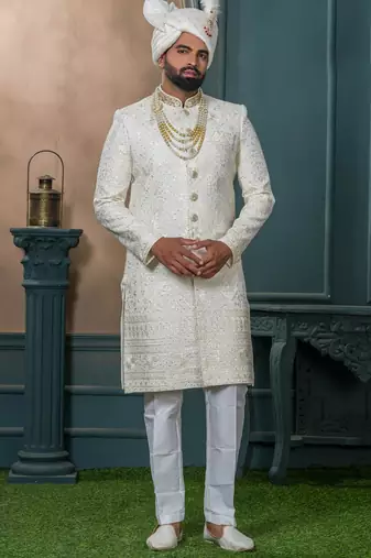 Cream silk embroidered sherwani for mens