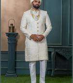 Cream silk embroidered sherwani for mens