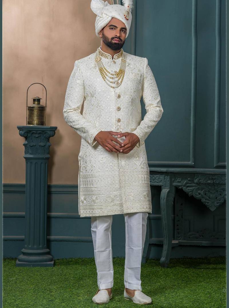 Cream silk embroidered sherwani for mens