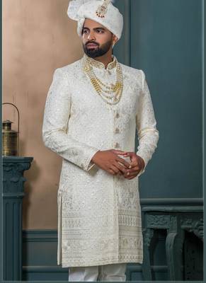 Cream silk embroidered sherwani for mens 2
