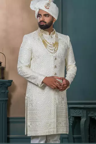 Cream silk embroidered sherwani for mens