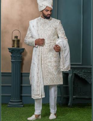 Off white silk embroidered sherwani for mens 1