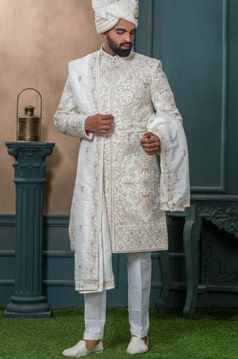 Off white silk embroidered sherwani for mens