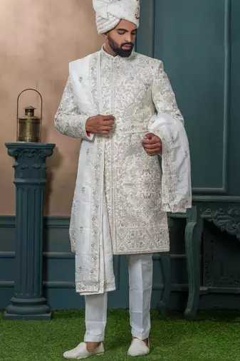 Off white silk embroidered sherwani for mens