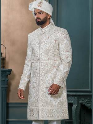Off white silk embroidered sherwani for mens 2