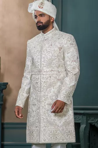 Off white silk embroidered sherwani for mens