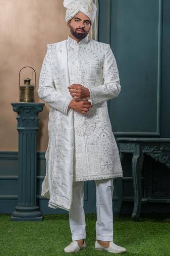 Off white silk embroidered sherwani for mens