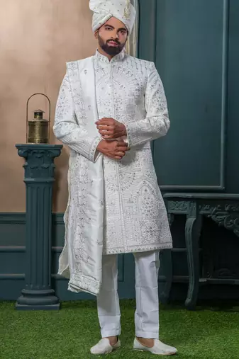 Off white silk embroidered sherwani for mens