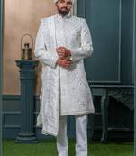 Off white silk embroidered sherwani for mens
