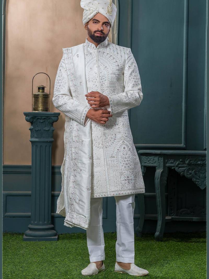 Off white silk embroidered sherwani for mens