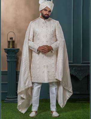 Beige silk embroidered sherwani for mens 1