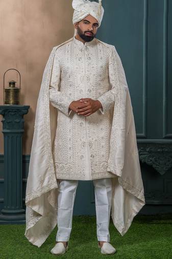 Beige silk embroidered sherwani for mens