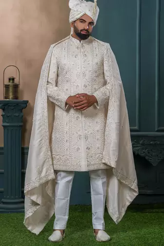 Beige silk embroidered sherwani for mens