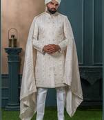 Beige silk embroidered sherwani for mens