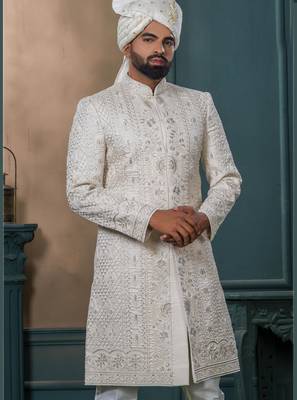 Beige silk embroidered sherwani for mens 2