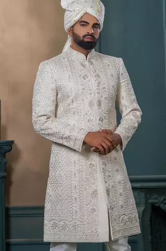 Beige silk embroidered sherwani for mens