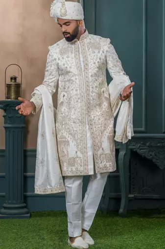 Off white silk embroidered sherwani for mens