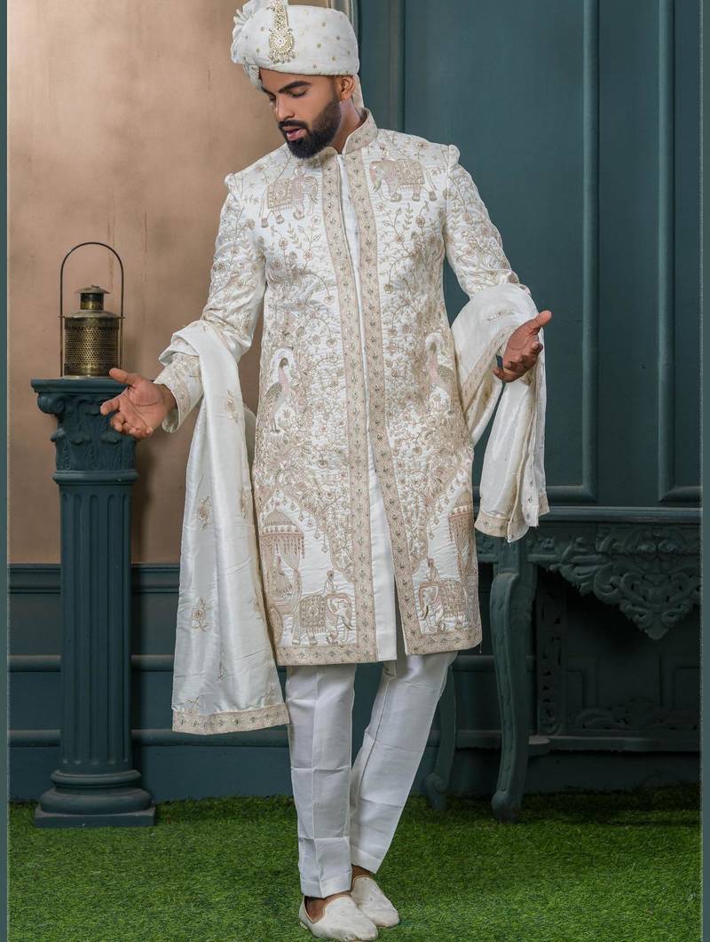 Off white silk embroidered sherwani for mens
