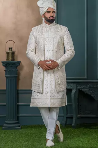 Off white silk embroidered sherwani for mens