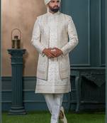 Off white silk embroidered sherwani for mens