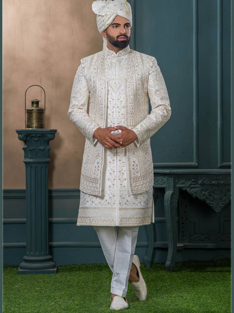Off white silk embroidered sherwani for mens