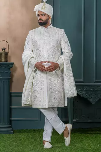 Off white silk embroidered sherwani for mens
