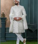 Off white silk embroidered sherwani for mens
