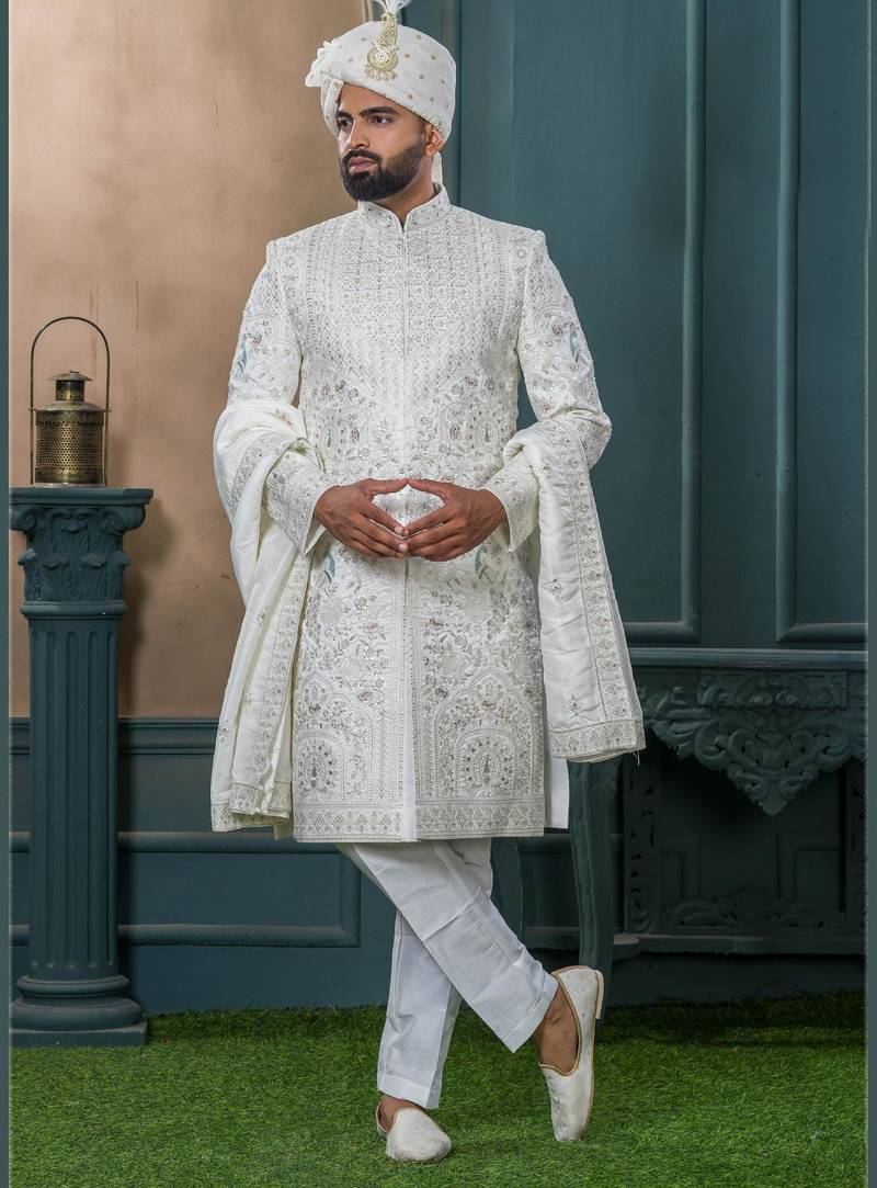 Off white silk embroidered sherwani for mens
