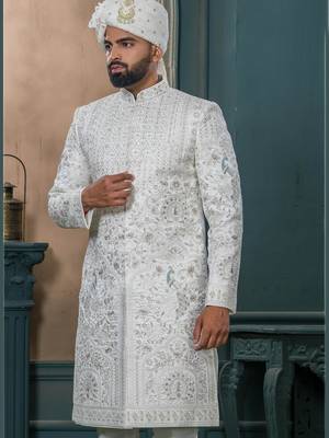 Off white silk embroidered sherwani for mens 2