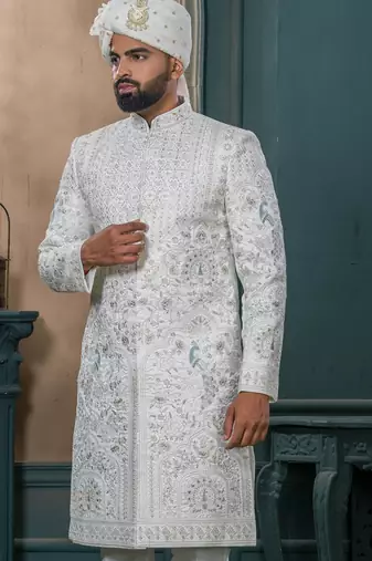 Off white silk embroidered sherwani for mens
