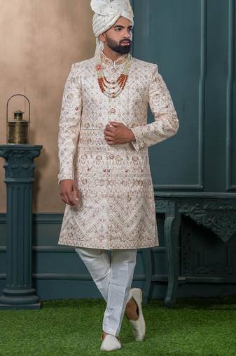 Cream silk embroidered sherwani for mens
