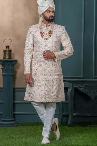 Cream silk embroidered sherwani for mens