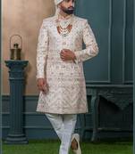 Cream silk embroidered sherwani for mens