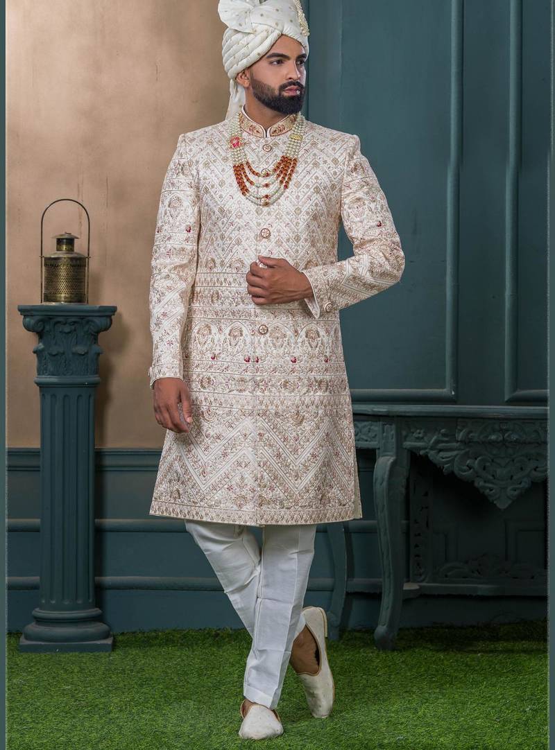 Cream silk embroidered sherwani for mens