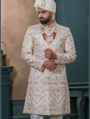 Cream silk embroidered sherwani for mens 2