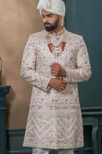 Cream silk embroidered sherwani for mens