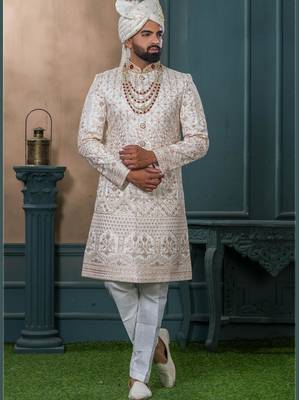 Cream silk embroidered sherwani for mens 1