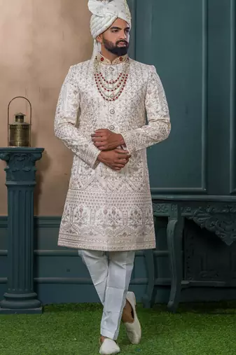 Cream silk embroidered sherwani for mens