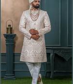 Cream silk embroidered sherwani for mens