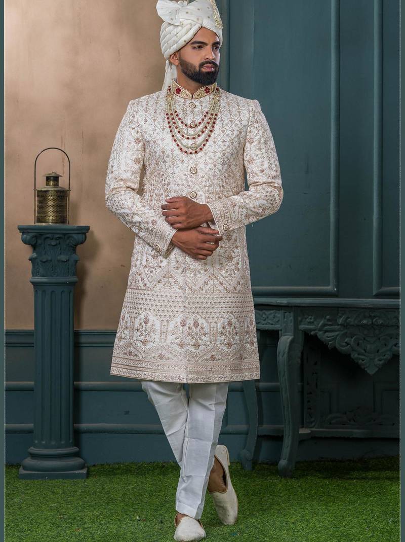 Cream silk embroidered sherwani for mens